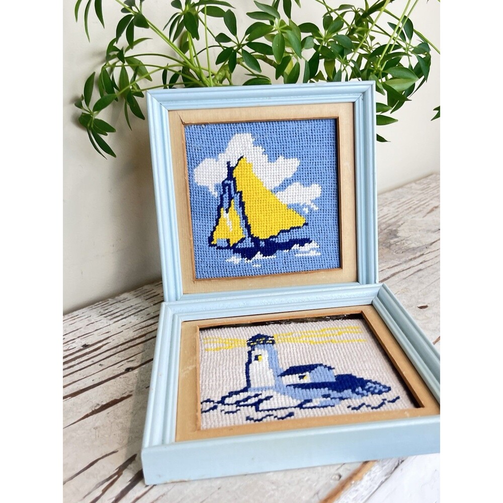 Vintage Nautical Blue Yellow Coastal Lighthouse Sailboat Framed Needlepoints Set
